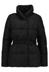 Czarna ocieplana zimowa kurtka z wysokim kołnierzem i elastycznym pasem w talii, z długimi rękawami i kieszeniami po bokach.