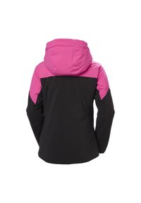 Ženská bunda v černé a růžové barvě s kapucí, kontrastními rameny a hladkou texturou, navržena pro venkovní použití.