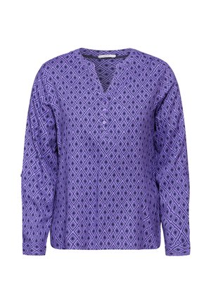 Paarse langlopende top met V-hals en knopenrij, voorzien van een herhalend ruitpatroon in donkere tinten. Zacht, gestructureerd stof.