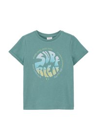 Grünes Baumwoll-T-Shirt mit einem kreisförmigen "Surf Break"-Grafikdesign in Blau und Gelb. Kurze Ärmel mit Rundhalsausschnitt und umgeschlagenen Ärmelenden.