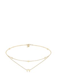 Goldfarbene, geschichtete Halskette mit zwei Ketten, die kleine sternförmige Akzente und einen Halbmondanhänger enthält. Elegantes, zartes Design.