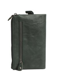 Green leather wallet with a vertical design, featuring a large metal zipper on one side, smooth texture, and a snap button accent.