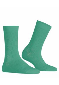 Türkise Socken mit einem geometrischen Diamantmuster, hergestellt aus einem weichen Stoff; verfügen über einen gerippten Bund für einen sicheren Sitz und Textur.