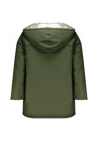 Veste isolée vert olive avec une capuche, présentant une doublure en argent métallique, des manches longues et une coupe droite, conçue pour l'hiver.