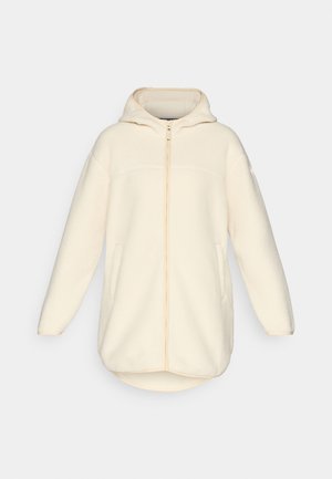 Kreemivärvi kapuutsiga jakk, millel on pehme, tekstuuriga kude, täieliku esiseppimisega ja kaks küljetaskut.