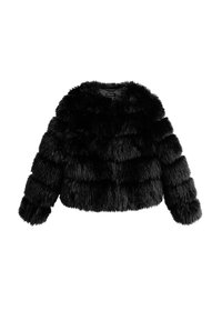 Chaqueta de pelo sintético negro con rayas horizontales texturizadas, mangas largas y cuello redondo.