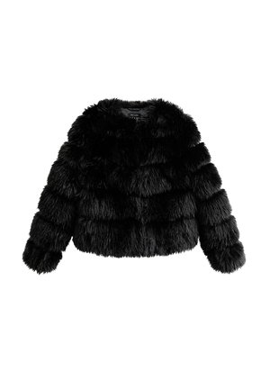 Veste en fausse fourrure noire avec des rayures texturées horizontales, des manches longues et un col rond.