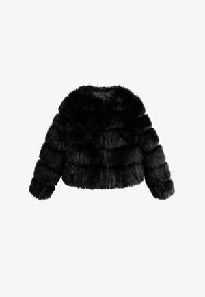 Veste en fausse fourrure noire avec des rayures texturées horizontales, des manches longues et un col rond.