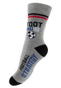 Calzino di cotone grigio con strisce nere e rosse. Presenta il testo "FOOTBALL 100" e "FOOTBALL STRATEGY" insieme a una grafica di un pallone da calcio in bianco e nero.