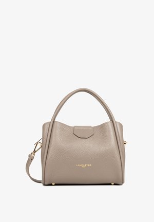Gray leather handbag with rounded top, dual handles, and a detachable shoulder strap. Features gold hardware and a subtle embossed logo.