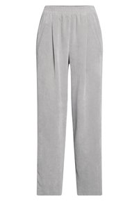 Helle graue Cordhose mit elastischem Bund und seitlichen Taschen, geradem Beinschnitt und vertikaler Rippstruktur.