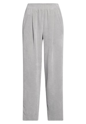 Helle graue Cordhose mit elastischem Bund und seitlichen Taschen, geradem Beinschnitt und vertikaler Rippstruktur.