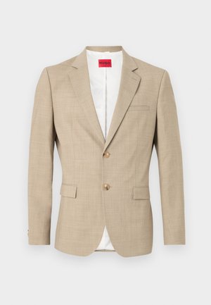 Beige blazer made of textured fabric, single-breasted with two buttons, two front pockets, and a white lining. Features classic lapels.