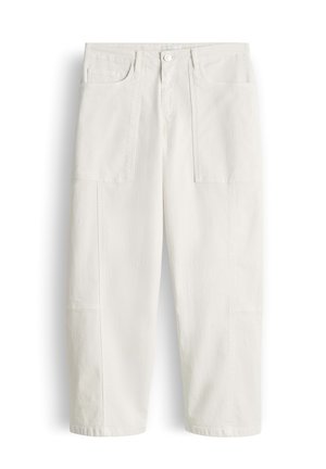 White straight-leg pants with large front patch pockets, button closure, and belt loops, displayed flat on a white background.