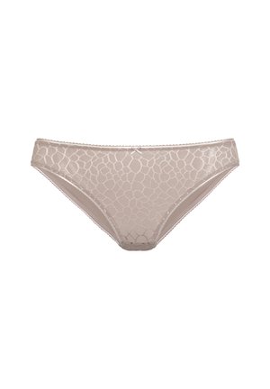 Beige lace panties featuring a geometric pattern, a delicate trim, and a classic brief shape with soft, smooth fabric.