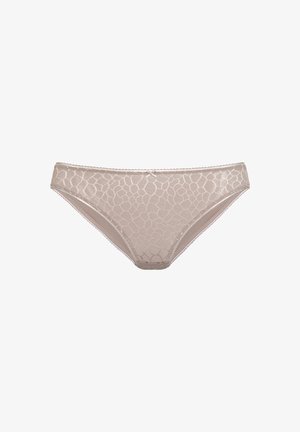 Beige lace panties featuring a geometric pattern, a delicate trim, and a classic brief shape with soft, smooth fabric.