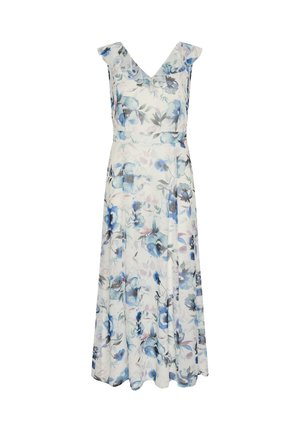 Floral maxi dress featuring a V-neck, ruffled shoulder straps, and a soft, flowing fabric in shades of blue and white.
