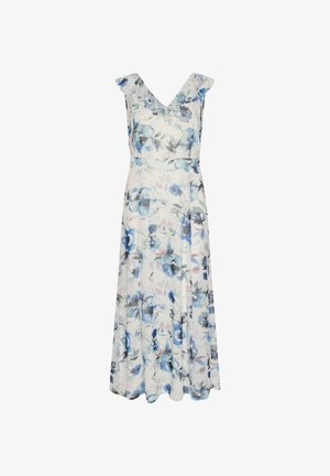 Blomstrede maxi-kjole med V-udskæring, rynkede skulderstropper og et blødt, flydende stof i nuancer af blå og hvid.
