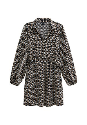 Vestido de manga larga con estampado de diamantes en negro, beige y azul claro, cuello y cinturón a juego en la cintura.