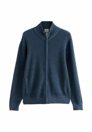 Mornarsko modra pletena zip-up kardigan z teksturo, z rebrastim ovratnikom, manžetami, robom in sprednjimi žepi.