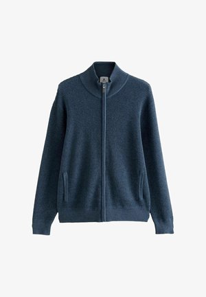 Mornarsko modra pletena zip-up kardigan z teksturo, z rebrastim ovratnikom, manžetami, robom in sprednjimi žepi.