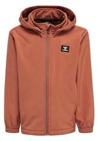  rostfarbene Kapuzenjacke aus glattem Stoff, mit einem Reißverschluss auf der Vorderseite und elastischen Bündchen. Inklusive eines kleinen Logo-Patches auf der Brust.