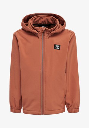 Roodkleurige hooded jas van gladde stof, voorzien van een rits aan de voorkant en elastische manchetten. Inclusief een klein logo op de borst.