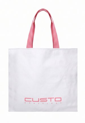 Borsa tote bianca con manici rosa e scritta rosa "CUSTO BARCELONA" stampata al centro in basso.