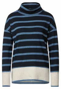 Gestreiftes Langarmoberteil in Marineblau und Hellblau mit hohem Kragen. Mit breiten horizontalen Streifen und einem cremefarbenen Saum versehen. Aus weichem Stoff.