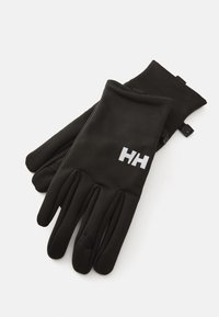 Svarte hansker laget av myk, stretchy stoff har fem fingre, et slankt design og en hvit logo akcent på baksiden.