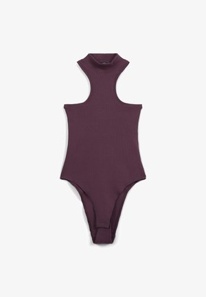 Body in un profondo colore viola, con collo alto, design senza maniche, texture a coste e aperture per le gambe alte.