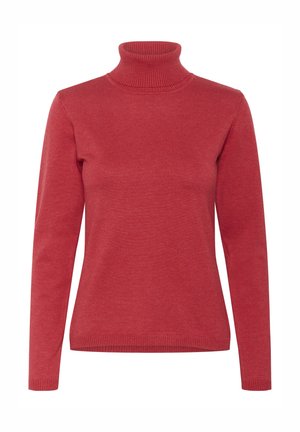 Punane, veniv kõrge kaelusega sviiter. Pikad varrukad, soonikkoes krae ja mansetid, sile tekstuur, klassikaline lõike ilma mustrite või kaunistusteta.