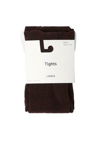 Burgundyröda tights gjorda av en blandning av ekologisk bomull, prydligt vikta och förpackade med en vit etikett som visar märket "Lindex" och storleksinformation.