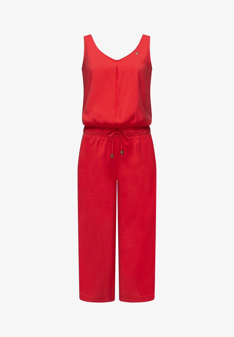 Roter ärmelloser Jumpsuit mit V-Ausschnitt, Kordelzug in der Taille und weiten, gekürzten Beinen; aus weichem Stoff mit glatter Textur gefertigt.
