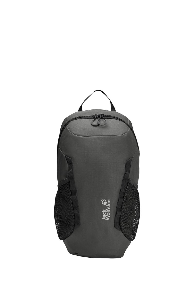 Schwarzer Rucksack mit runder Form, aus strapazierfähigem Stoff. Mit zwei Seitentaschen aus Mesh, Reißverschluss und einem Tragegriff oben.