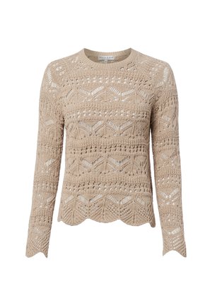 Beige lange mouwen gehaakte trui met geschulpte randen en ingewikkelde geometrische opengewerkte patronen overal.