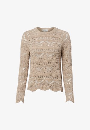 Beiger Langarm-Häkelpullover mit wellenförmigen Kanten und filigranen geometrischen Lochstrickmustern.