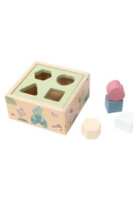 Wooden shape sorting box with green top and floral illustrations, featuring four cutouts and five colorful geometric blocks: pink heart, blue square, white triangle, cream hexagon.