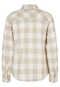 Chemise à manches longues avec boutons, motif à carreaux beige et blanc, vue de dos avec poignets repliés et col classique.