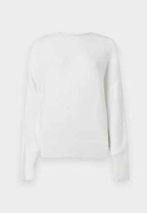 Suéter branco e fofinho feito de material suave. Apresenta um decote redondo, mangas longas e punhos e bainha em canelado. Design simples e texturizado.