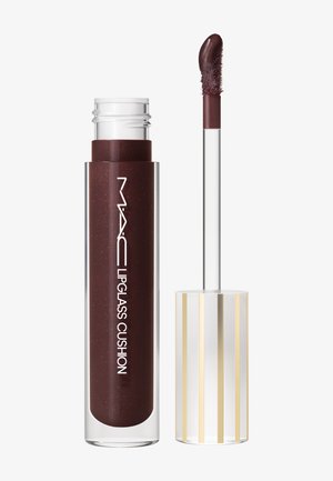 Gloss à lèvres MAC Lipglass Cushion en teinte marron foncé avec tube transparent et applicateur transparent avec bouchon à rayures dorées.