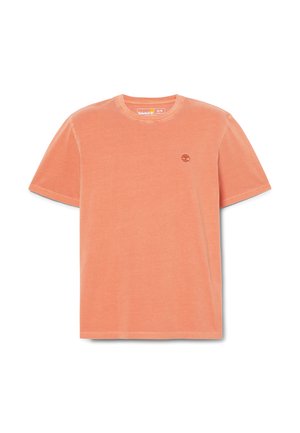 Ferskenfarvet bomulds-tshirt med korte ærmer og rund halsudskæring. Har et lille trælogo på brystet. Blød tekstur.