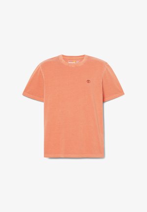 T-shirt di cotone color pesca con maniche corte e colletto rotondo. Presenta un piccolo logo ad albero sul petto. Texture morbida.