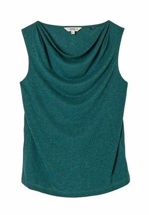 Tyrkysový top bez rukávů s volně splývajícím výstřihem do tvaru kapuce, vyrobený z měkké melírované látky, se štítkem "FatFace" na vnitřním límci.