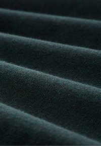 Tessuto verde scuro con una texture liscia, caratterizzato da pieghe arricciate. La superficie appare morbida con una trama densa e una leggera lucentezza.