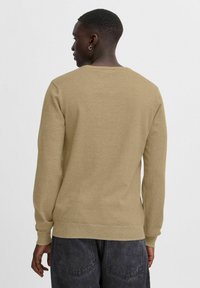 Beige strikket genser med lange ermer, rund hals og ribbestrikkede mansjetter. Materialet ser mykt ut med en teksturert overflate, minimalistisk design.
