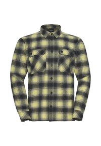 Chemise en flanelle à carreaux jaunes et noirs, avec un col boutonné, deux poches poitrine et des manches longues. Texture douce.