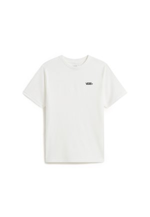 Hvid Vans t-shirt med korte ærmer og lille sort Vans-logo på venstre bryst, vist på en ensfarvet hvid baggrund.