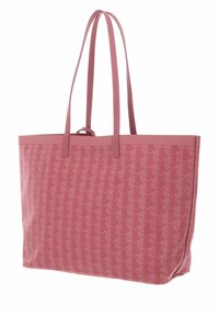 Sac fourre-tout rose avec un motif géométrique texturé, deux poignées et une forme structurée. Fabriqué en matériau lisse, avec une fermeture en haut.