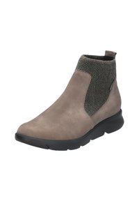 Bottes chelsea en cuir suédé gris avec tige en tricot, bout rond, semelle en caoutchouc noir et fermeture éclair sur le côté pour faciliter l'enfilage.